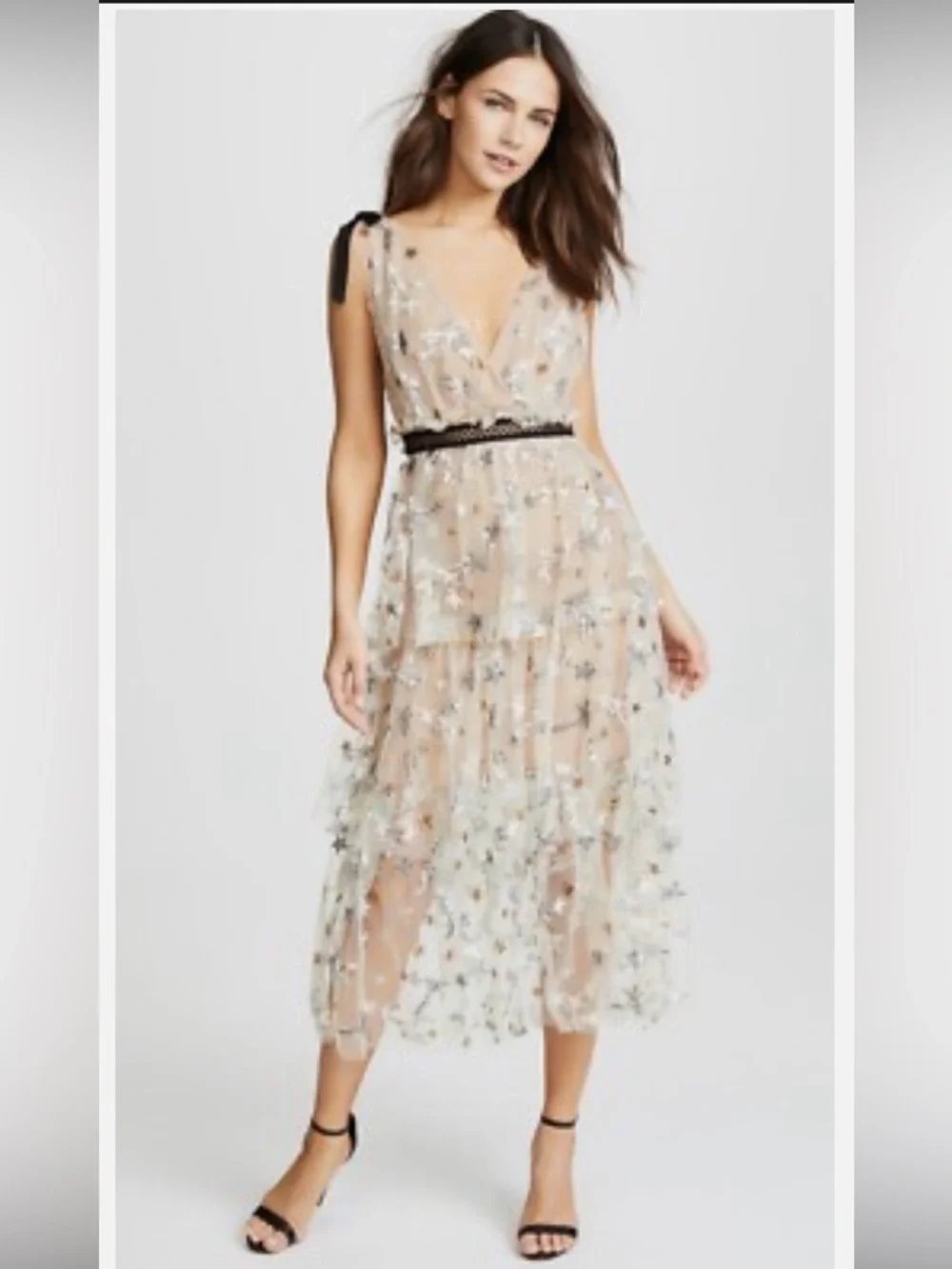 Sheer Star-Embellished Midi Dress in Nude with Black Trim 2 - Picture 5 of 16